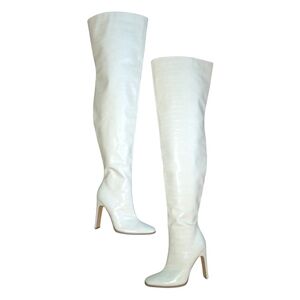 Missguided Wide Off-White Over the Knee Leather Boots Thigh High Crocodile sz 9
